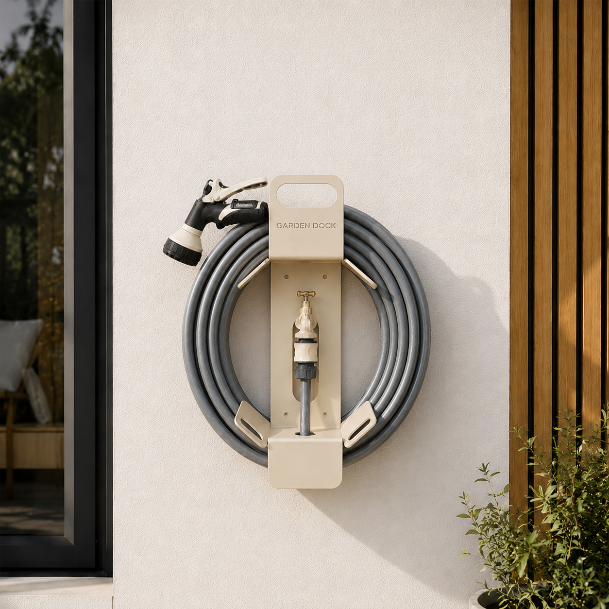Moderner beigener Gartenschlauchhalter aus Edelstahl für die Wandmontage